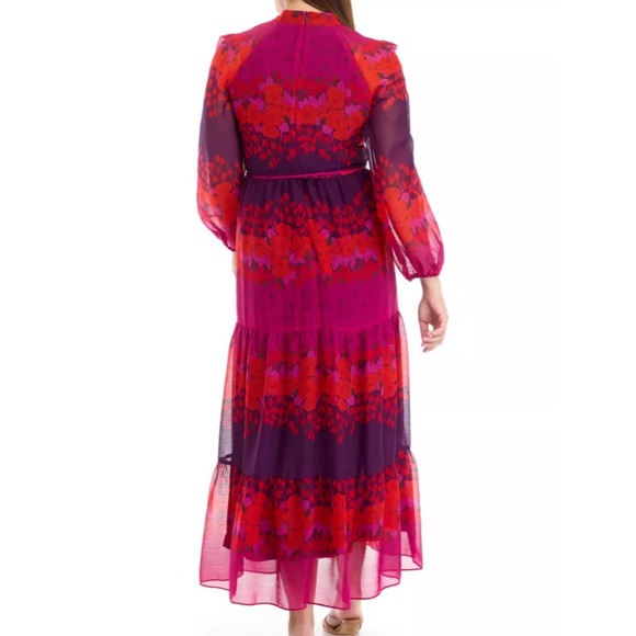 Maison Tara Long Sleeve Mock Neck Printed Chiffon Fit and Flare Dress - Picture 2 of 10